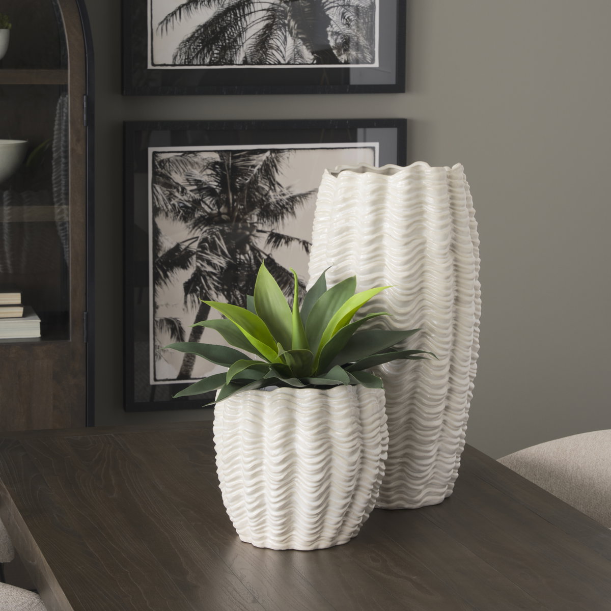 Velia Short Seashell Sculptural Cream Glazed Ceramic Vase, by Mercana, 11.61" length x 11.42" width x 11.02" height View 3