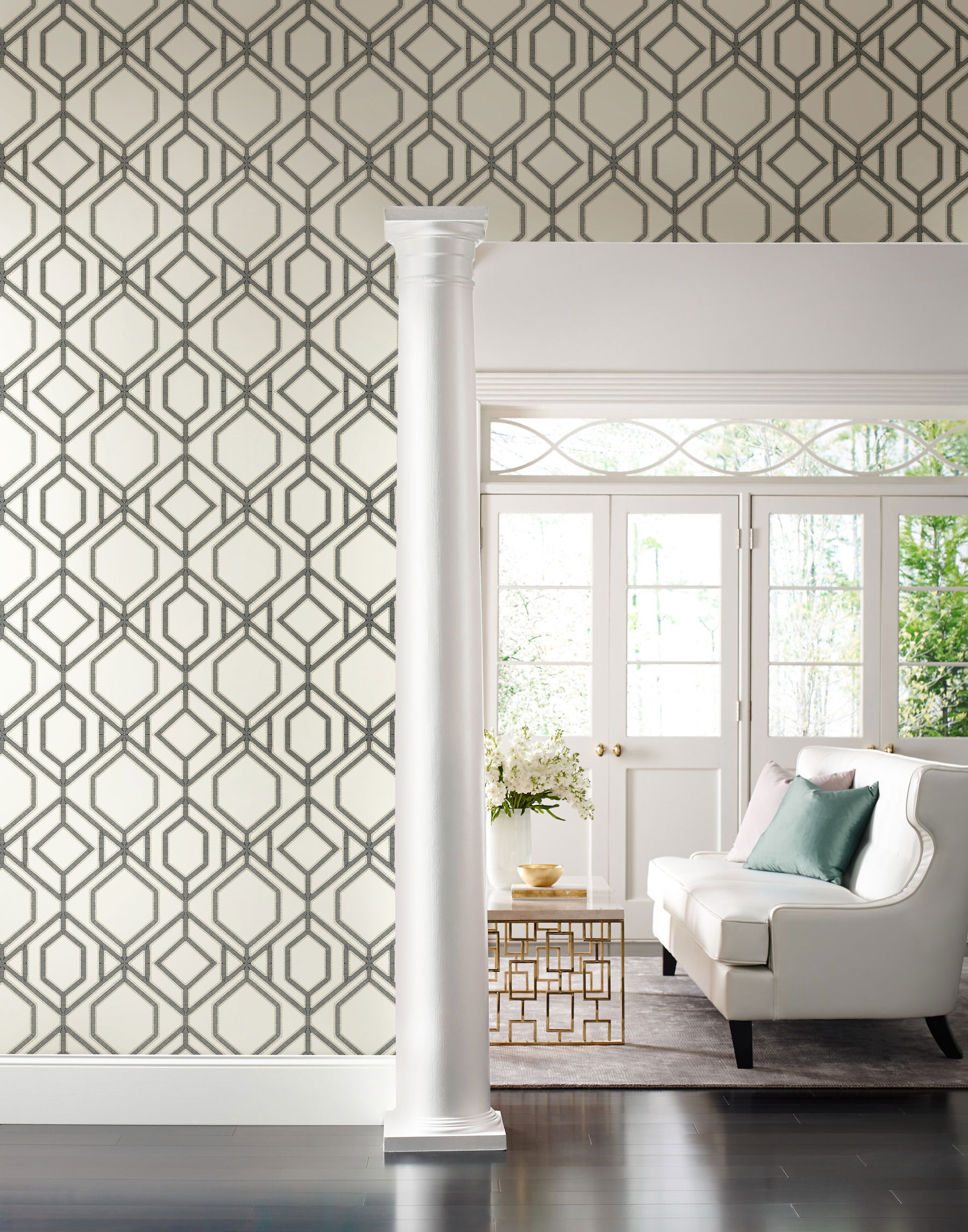 Sawgrass Trellis White & Grey Wallpaper, by York Wall, 27' length x 2'3" width x 0.02" depth View 3