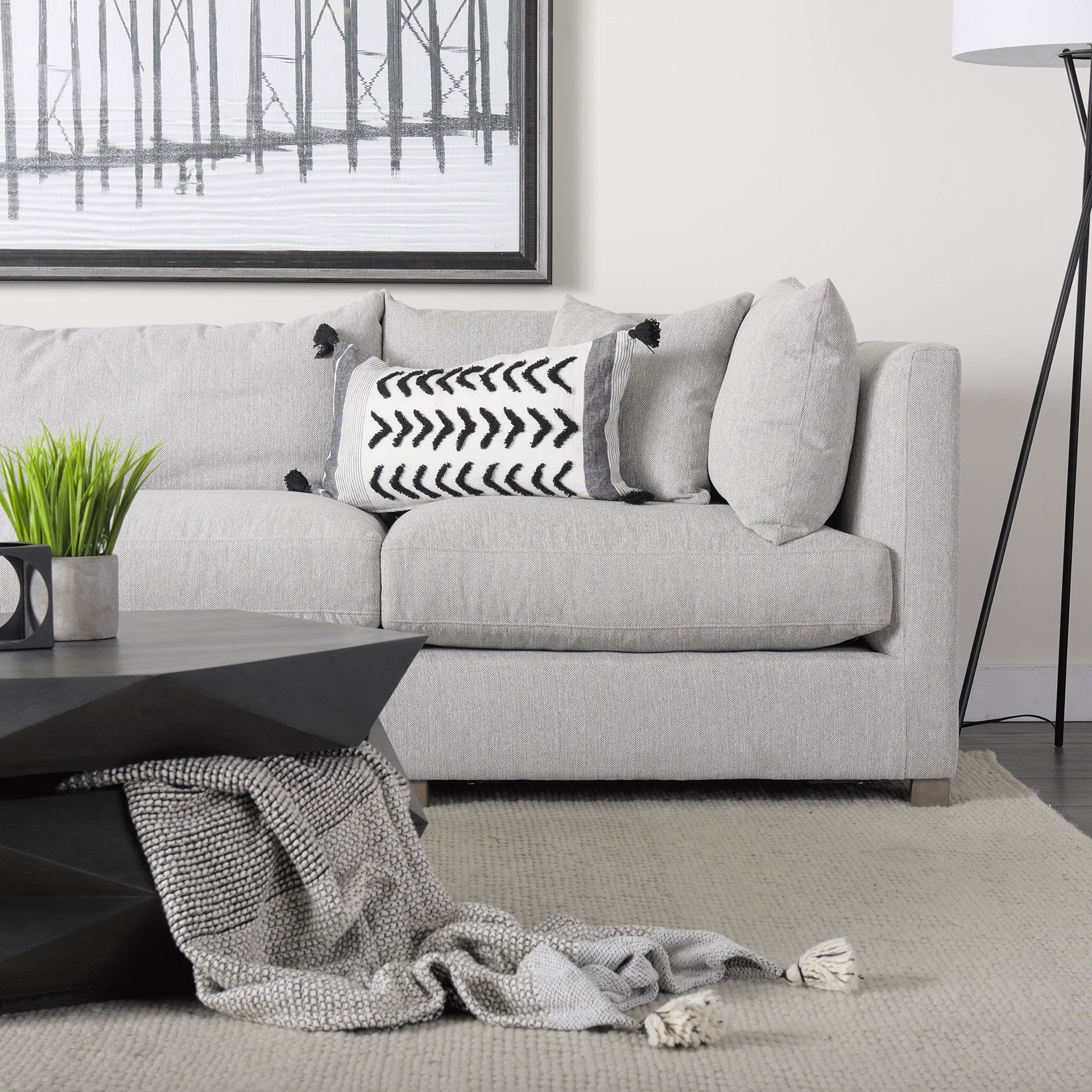 Kimia 14L x 26W White and Black Fabric Herringbone and Fringed Decorative Pillow Cover large image 