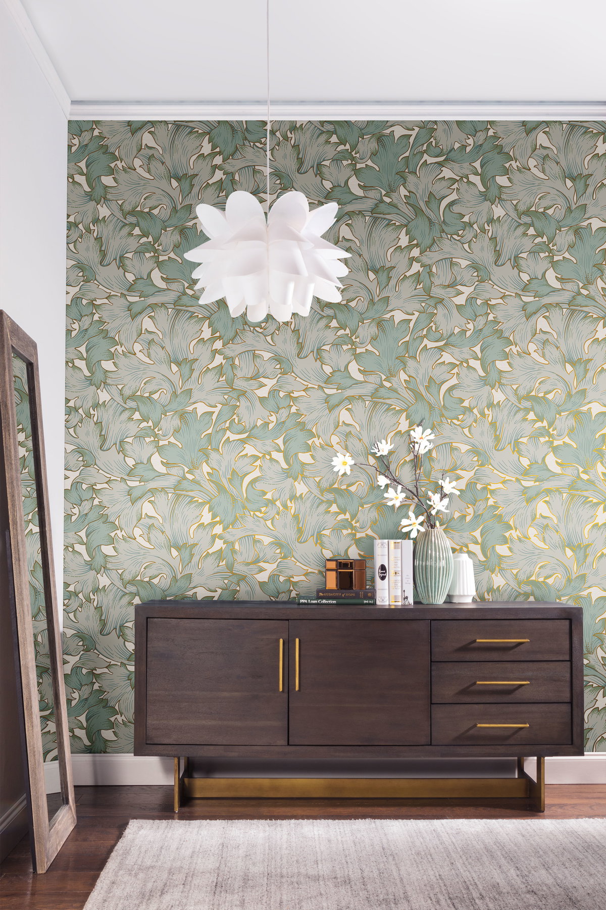 Acanthus Toss Beige & Seafoam Wallpaper, by York Wall, 27' length x 2'3" width x 0.02" depth View 2