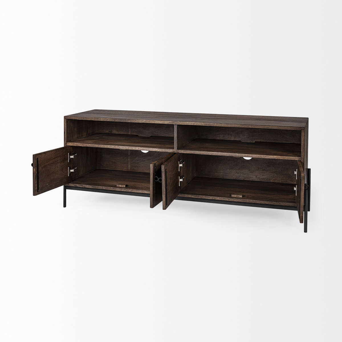 Glenn IV Dark Brown Wood with Black Iron Frame Media Console with Storage, TV Stand for TV up to 71', by Mercana, 61.5" length x 18" width x 24" height View 8