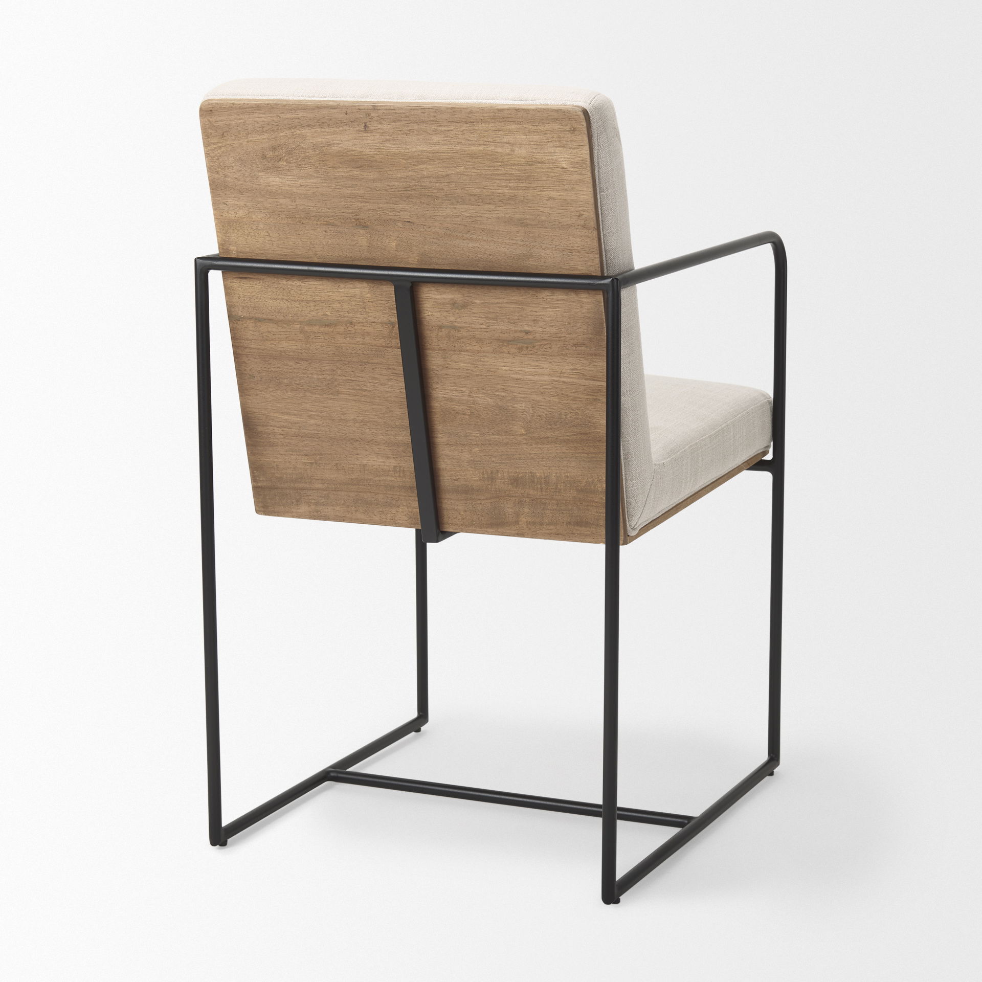 Stamford Beige Upholstered Seat with Wood Back, Black Metal Frame Dining Chair with Arms, by Mercana, 25" length x 20.5" width x 36" height View 5