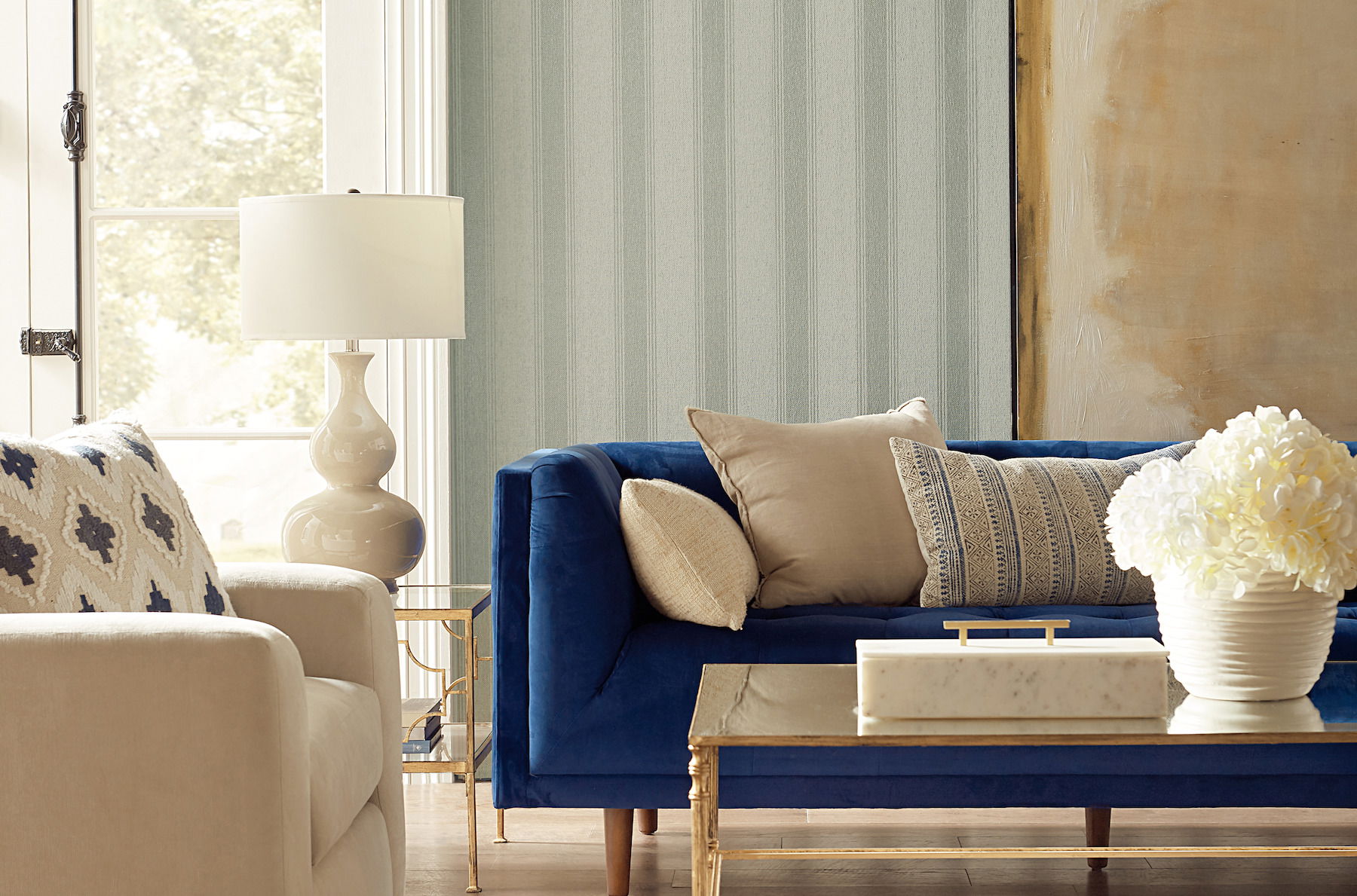 Blue & Pearl Stately Stripe Wallpaper, by York Wall, 27' length x 2'3" width x 0.02" depth View 2
