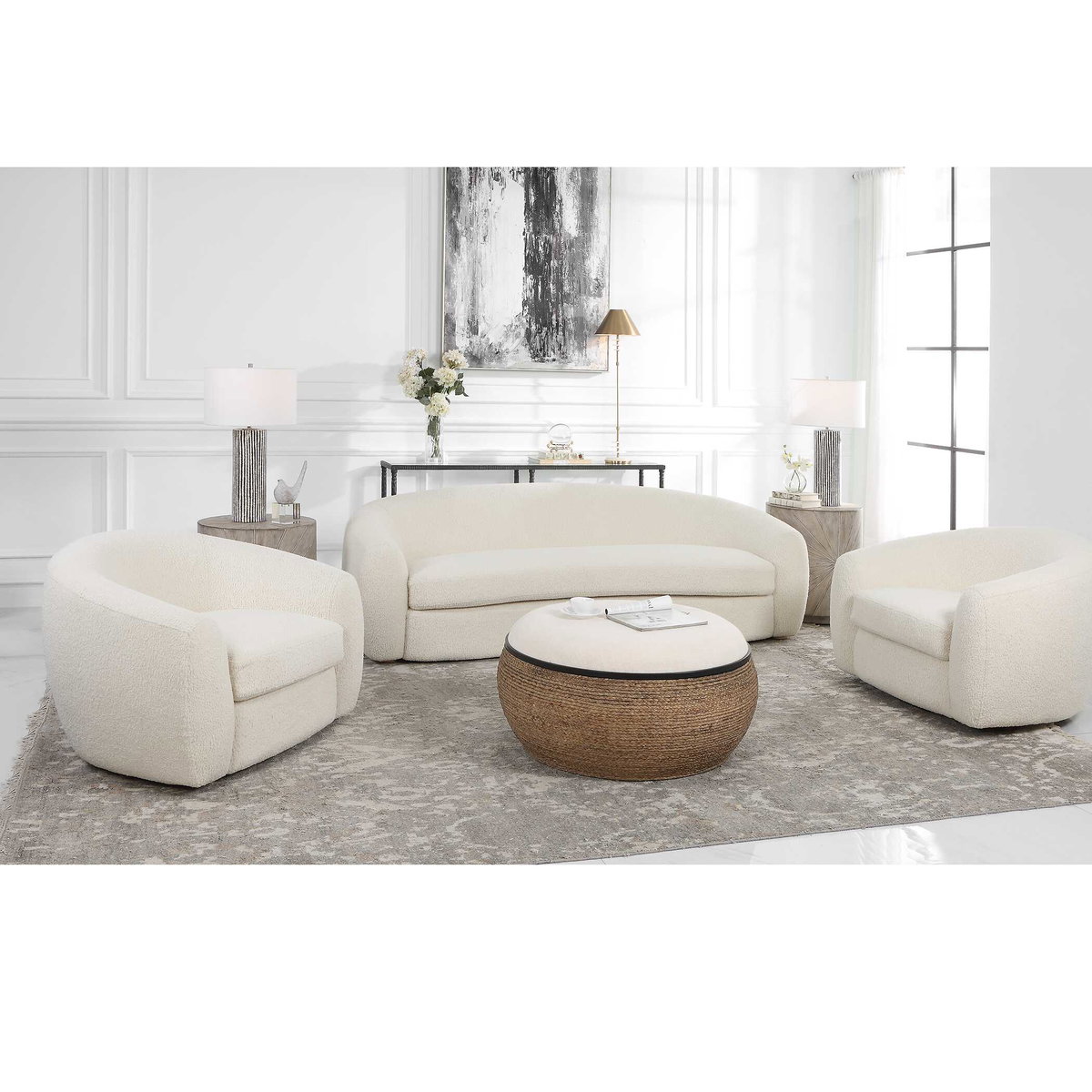 Capra Art Deco White Swivel Chair, Accent Chair by Uttermost, 43" width x 28" height x 37" depth View 6