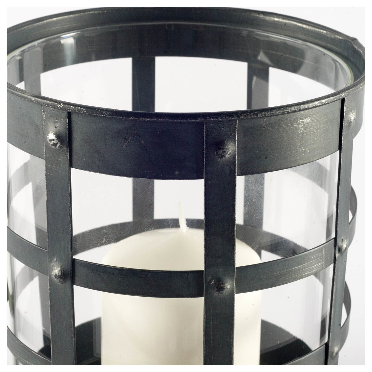 Oliver Black Metal/Glass Caged Table Candle Holder, Candles & Candle Holder by Mercana, 7" length x 7.09" width x 8.46" height View 3