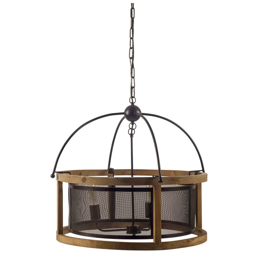 Penhill (25'x24') Black and Wooden Three Bulb Chandelier, by Mercana, 25" length x 25" width x 24" height View 1