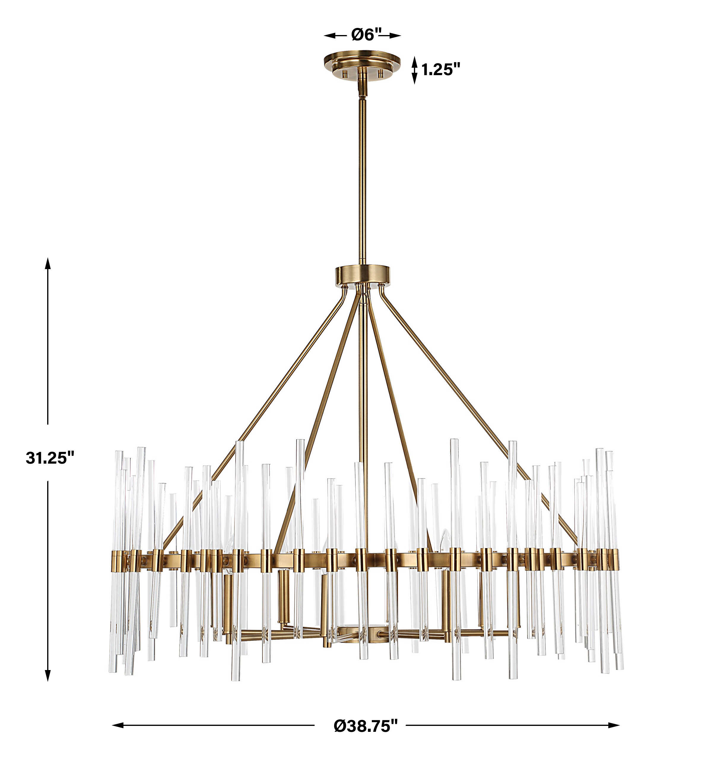 Crystal Stick 8 Light Brass Chandelier, Ceiling Light by Uttermost, 38.75" width x 31.25" height x 38.75" diameter x 38.75" depth View 4
