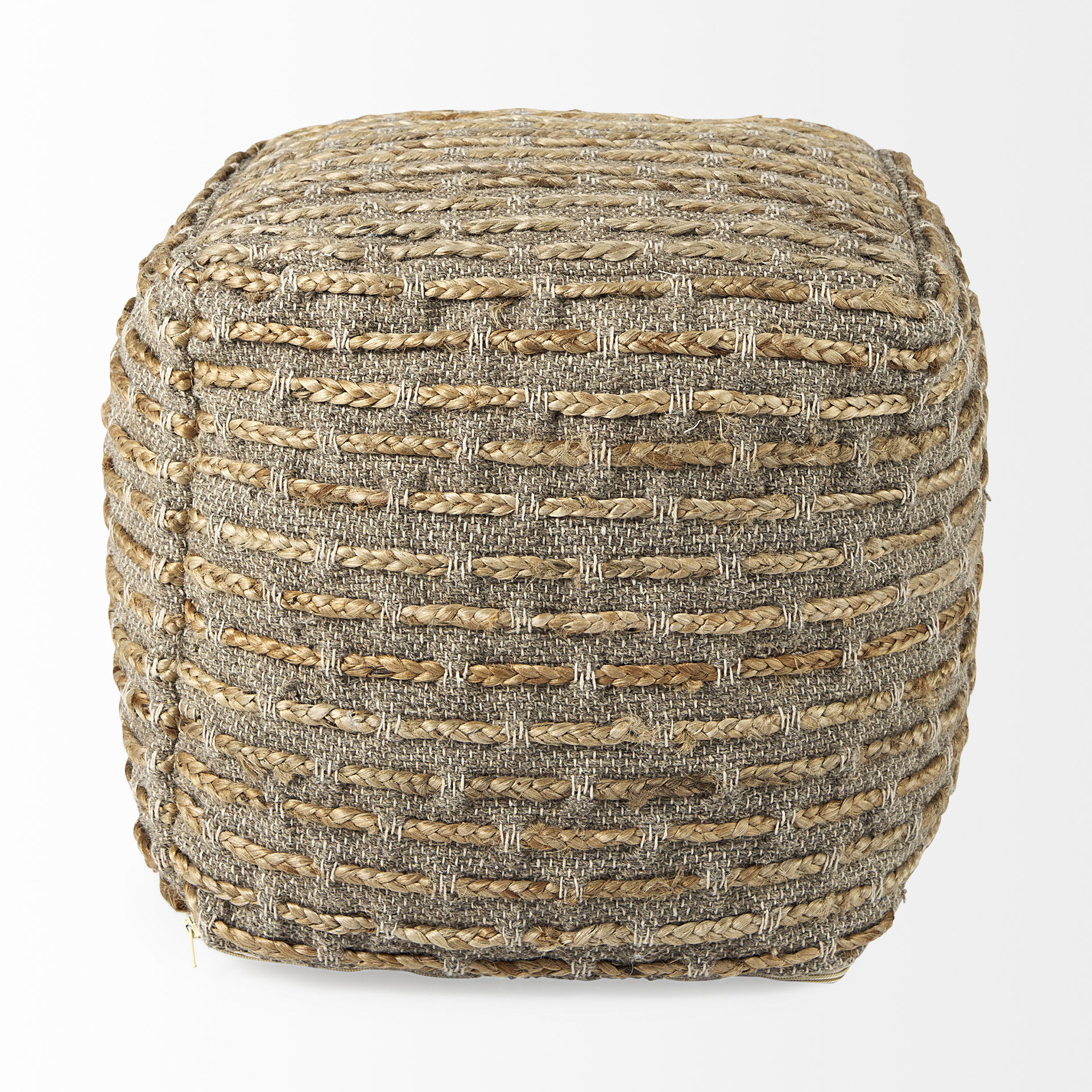 Binita    Gray/Brown Hemp Wool and Cotton Pouf, Ottoman by Mercana, 16" length x 16" width x 16" height View 6