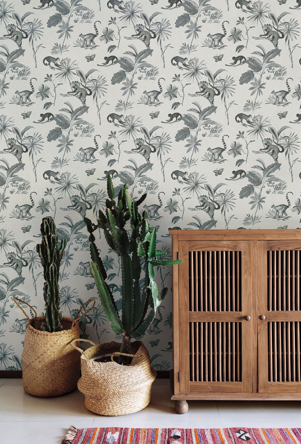 Botanicals & Lemurs Grey Peel & Stick Wallpaper large image 