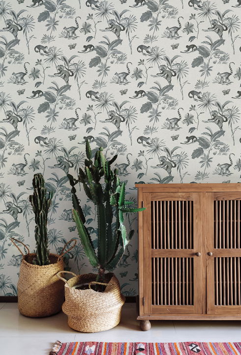 Botanicals & Lemurs Grey Peel & Stick Wallpaper