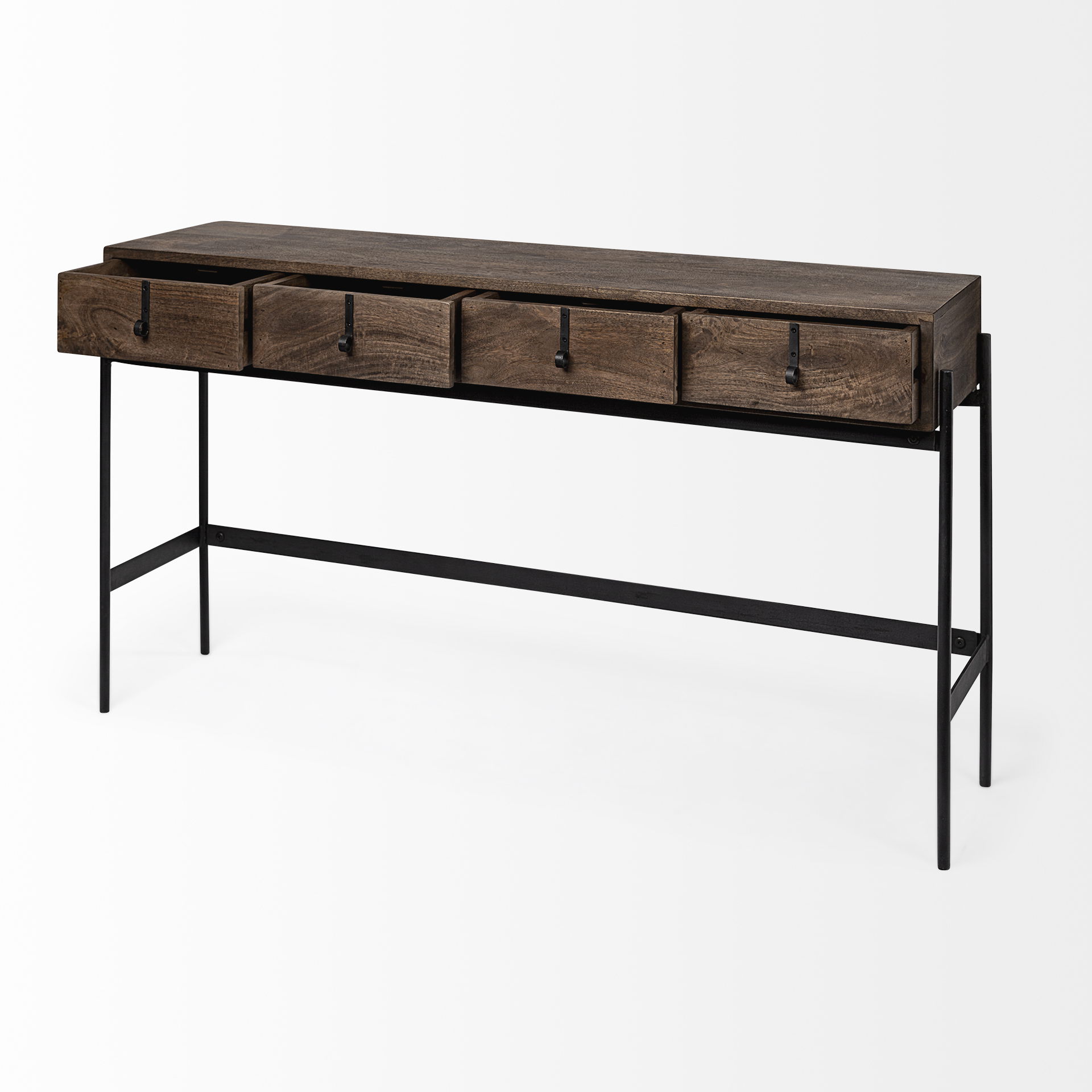 Glenn III 56L x 14W Dark Brown Wood with Black Iron Frame, 4 Drawer Console Table, by Mercana, 55.5" length x 14.5" width x 30" height View 8