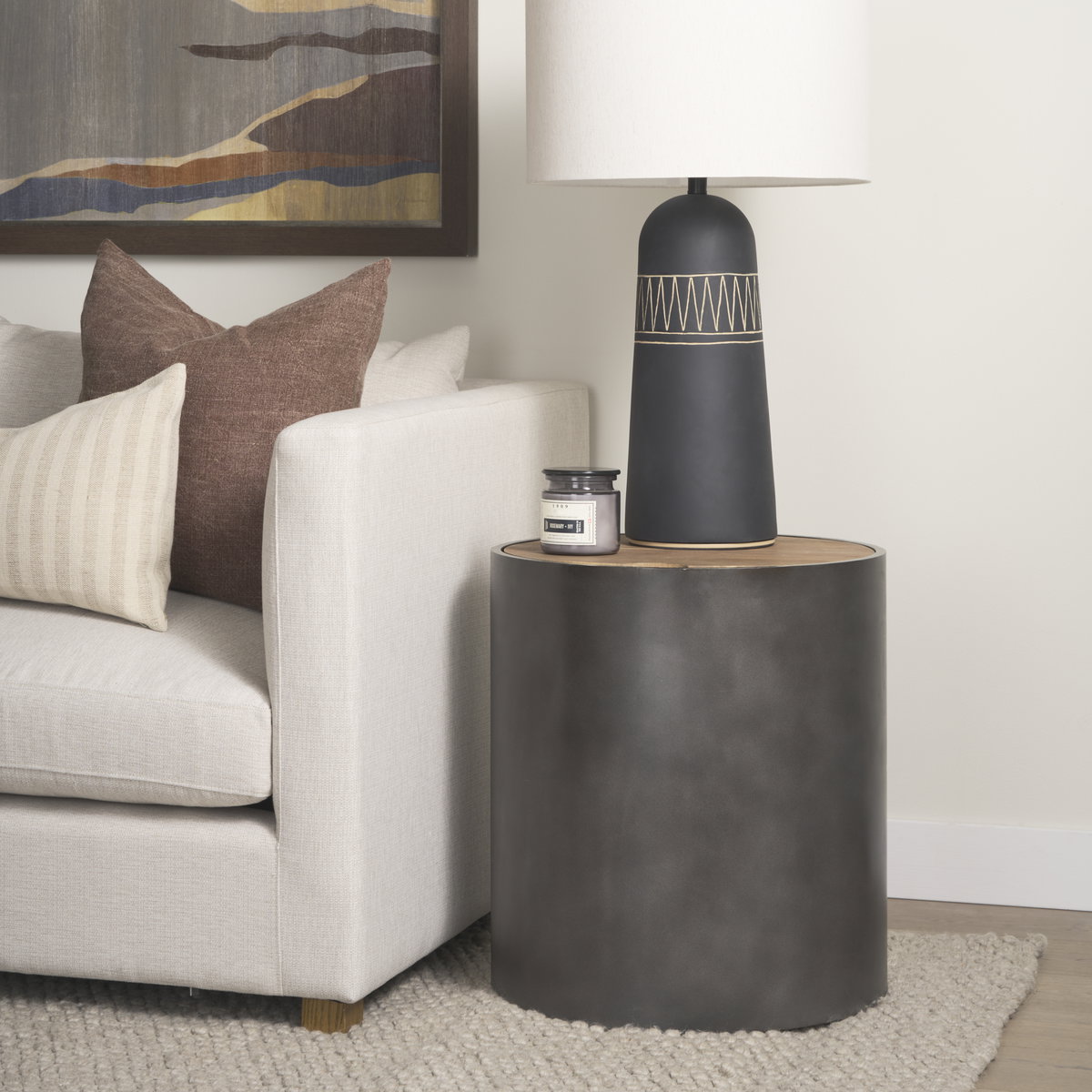 Eclipse Gunmetal Gray Drum Base with Brown Wood Top End/Side Table, Side & End Table by Mercana, 20" length x 20" width x 22.05" height View 2