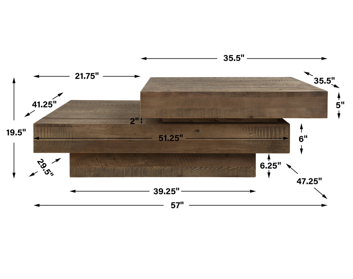 Rustic Planes Modern Coffee Table, by Uttermost, 57" width x 19.5" height x 47.25" depth View 3