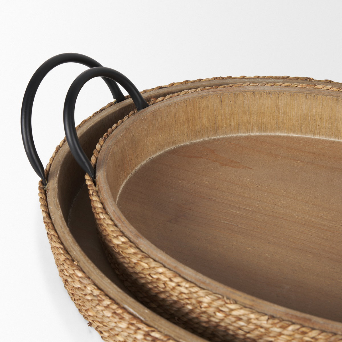 Wheaton Light Brown Wood with Natural Jute Serving Trays, Decorative Tray by Mercana, 20" length x 12.12" width x 4.75" height View 7