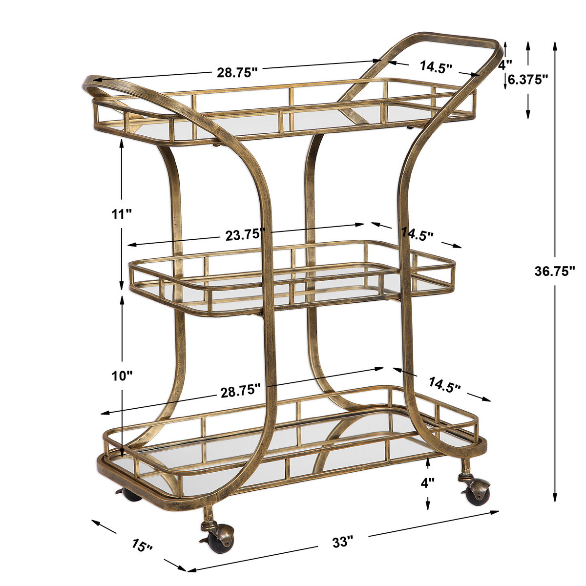Stassi Gold Serving Cart, Bar Carts & Cabinet by Uttermost, 31.5" width x 37.12" height x 15.25" depth View 3