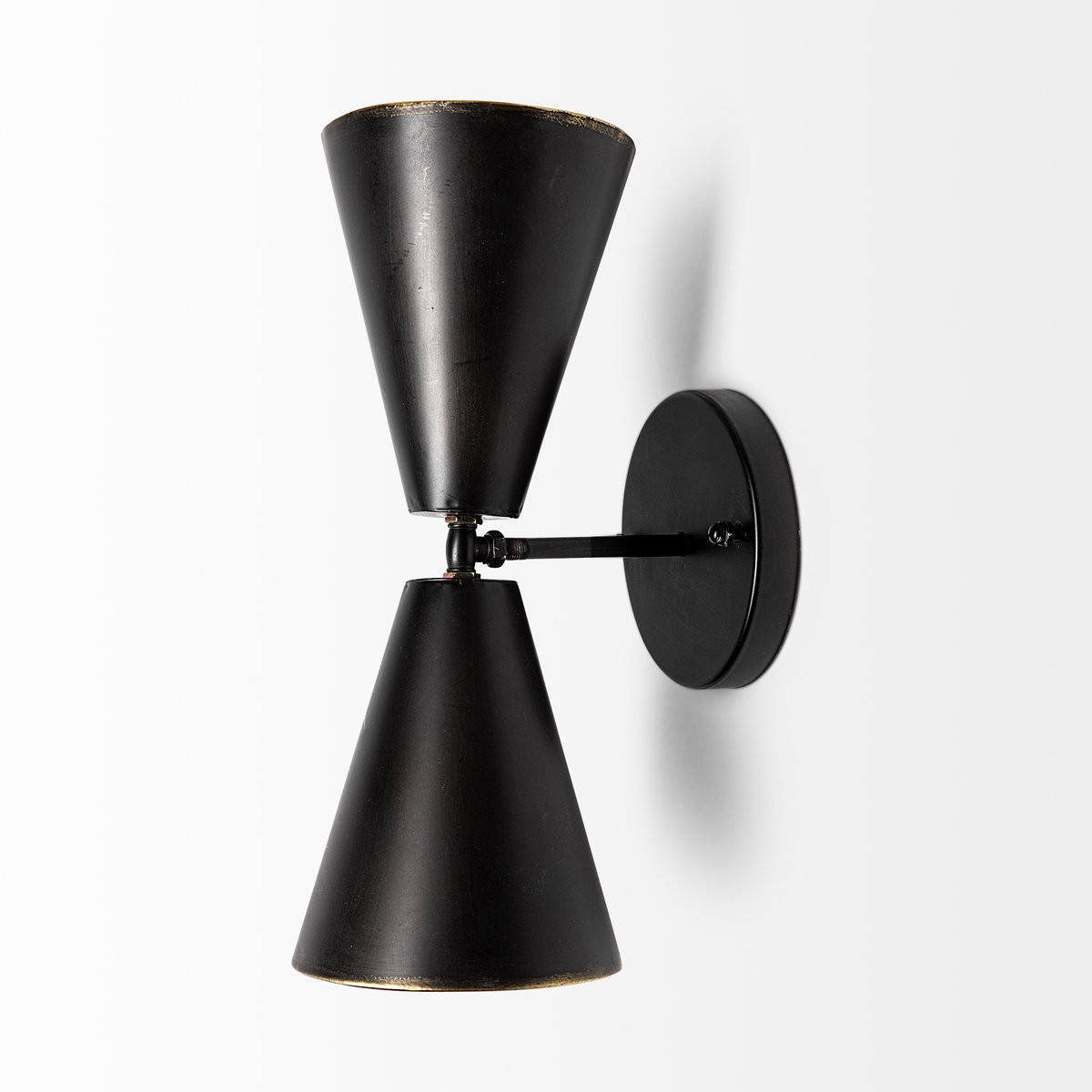 Eris II 7.3x12.6 Black Metal with Gold Accent Double-Cone Wall Sconce, by Mercana, 7.28" length x 5.12" width x 12.6" height View 3