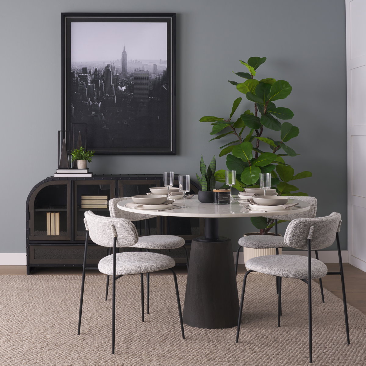 Casey Curved Back Dining Side Chair | Gray Fabric with Black Metal, Dining Chair by Mercana, 21.26" length x 20.08" width x 31.25" height View 2