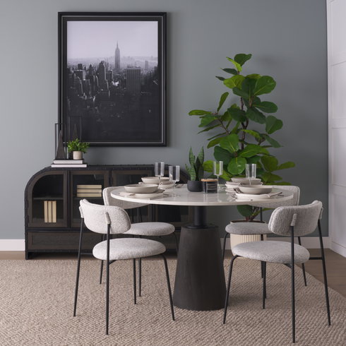 Casey Curved Back Dining Side Chair | Gray Fabric with Black Metal