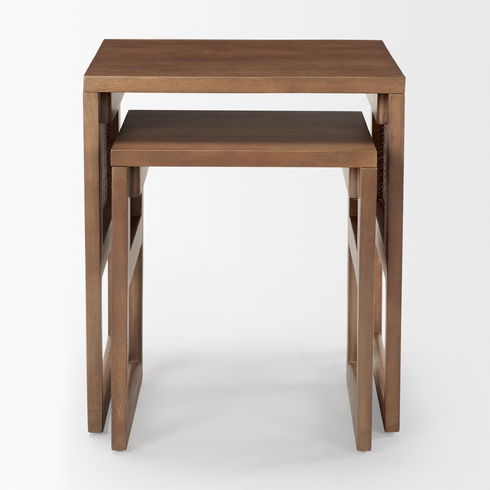 Grier Set of 2 Medium Brown Solid Wood with Cane Nesting Accent Tables