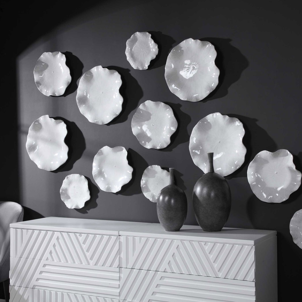 Abella Ceramic Wall Decor Set/3 White, Sculptural Wall Art by Uttermost, 17.87" width x 17.87" height x 3.87" depth View 5