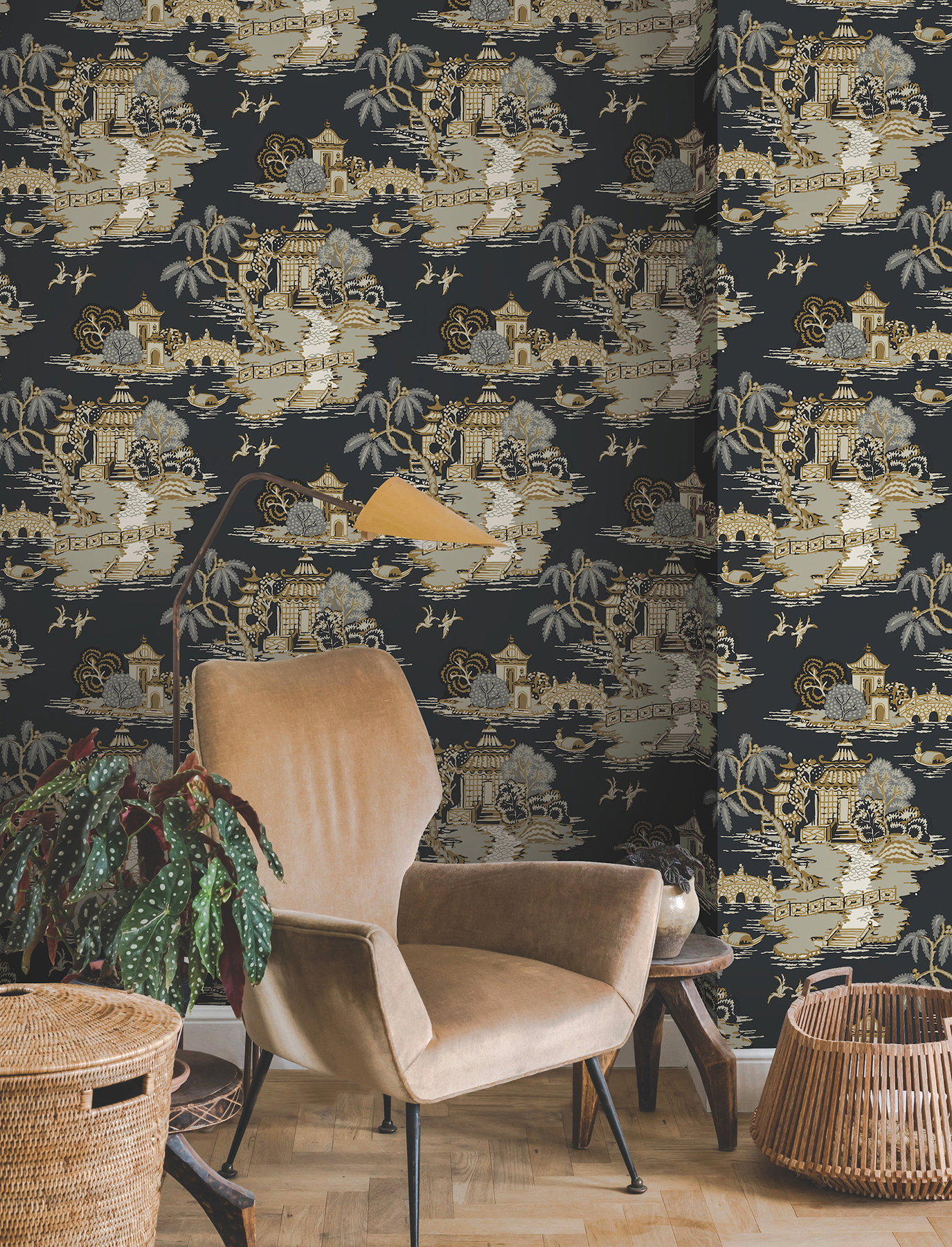 Pagoda And Sampan Scenic Black Wallpaper, by York Wall, 27' length x 2'3" width x 0.02" depth View 3