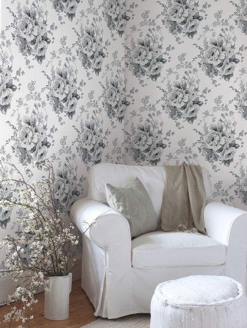 Heritage Rose White & Black Wallpaper