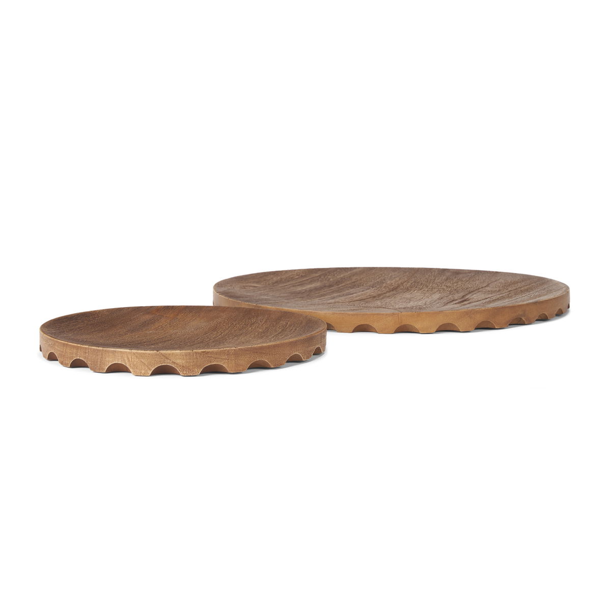 Waverly Round Light Brown Wood Scalloped Edged Trays, Decorative Tray by Mercana, 17.5" length x 17.5" width x 1" height View 1