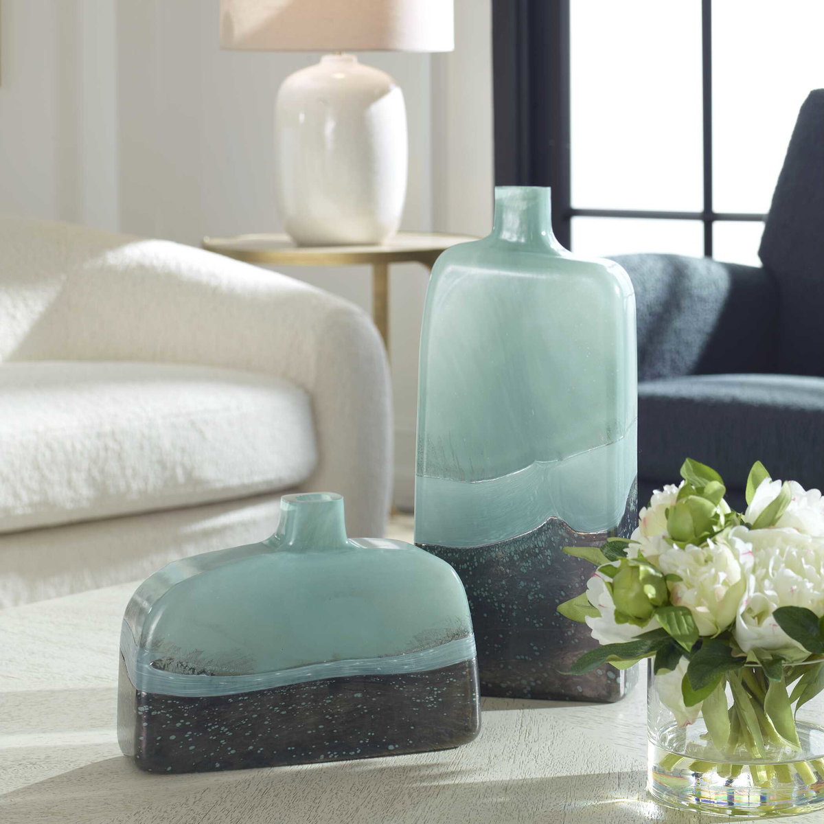 Fuze Aqua & Bronze Vases Set Of 2, by Uttermost, 6" width x 14.25" height x 3" depth View 2