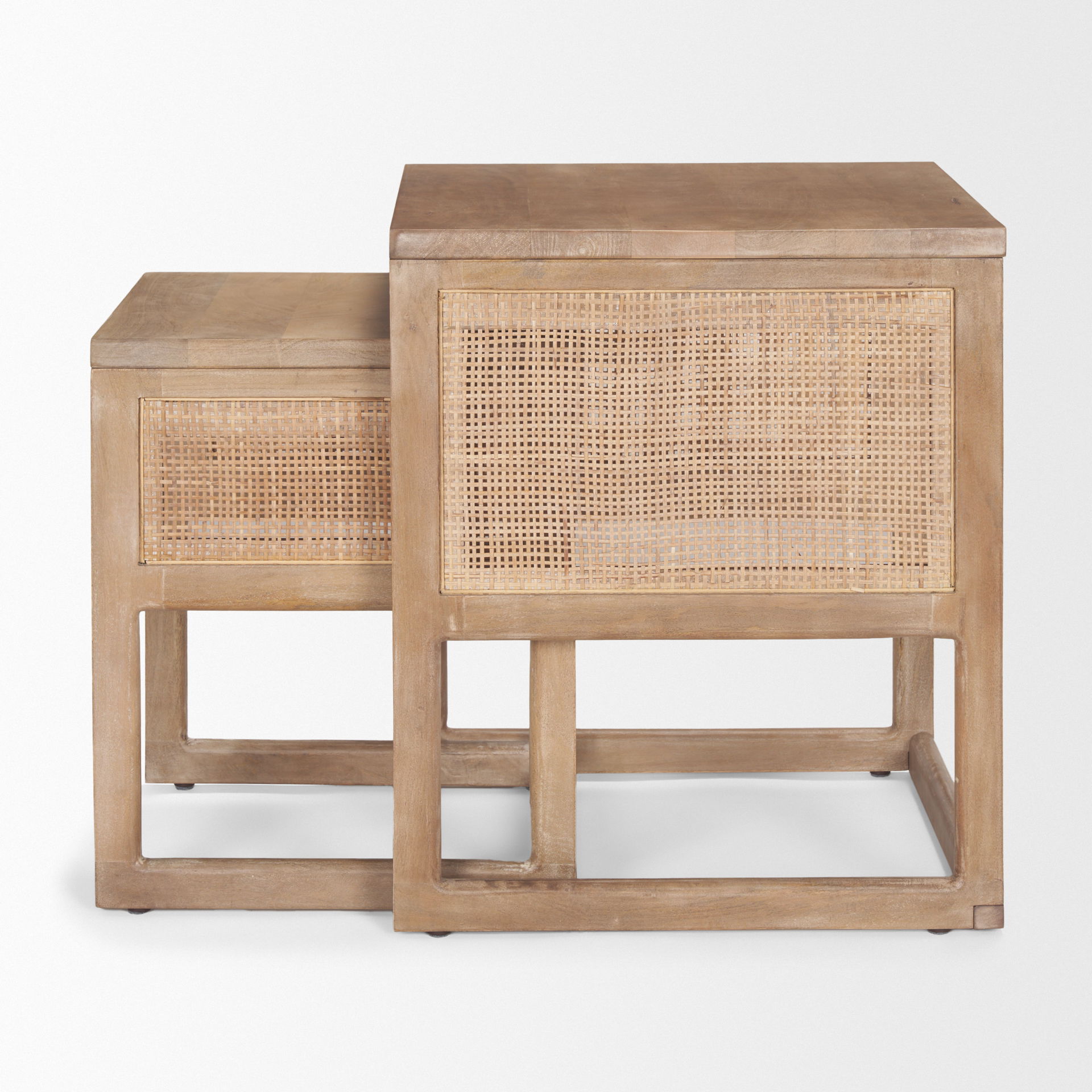 Grier Set of 2 Light Brown Solid Wood with Cane Nesting Accent Tables large image 