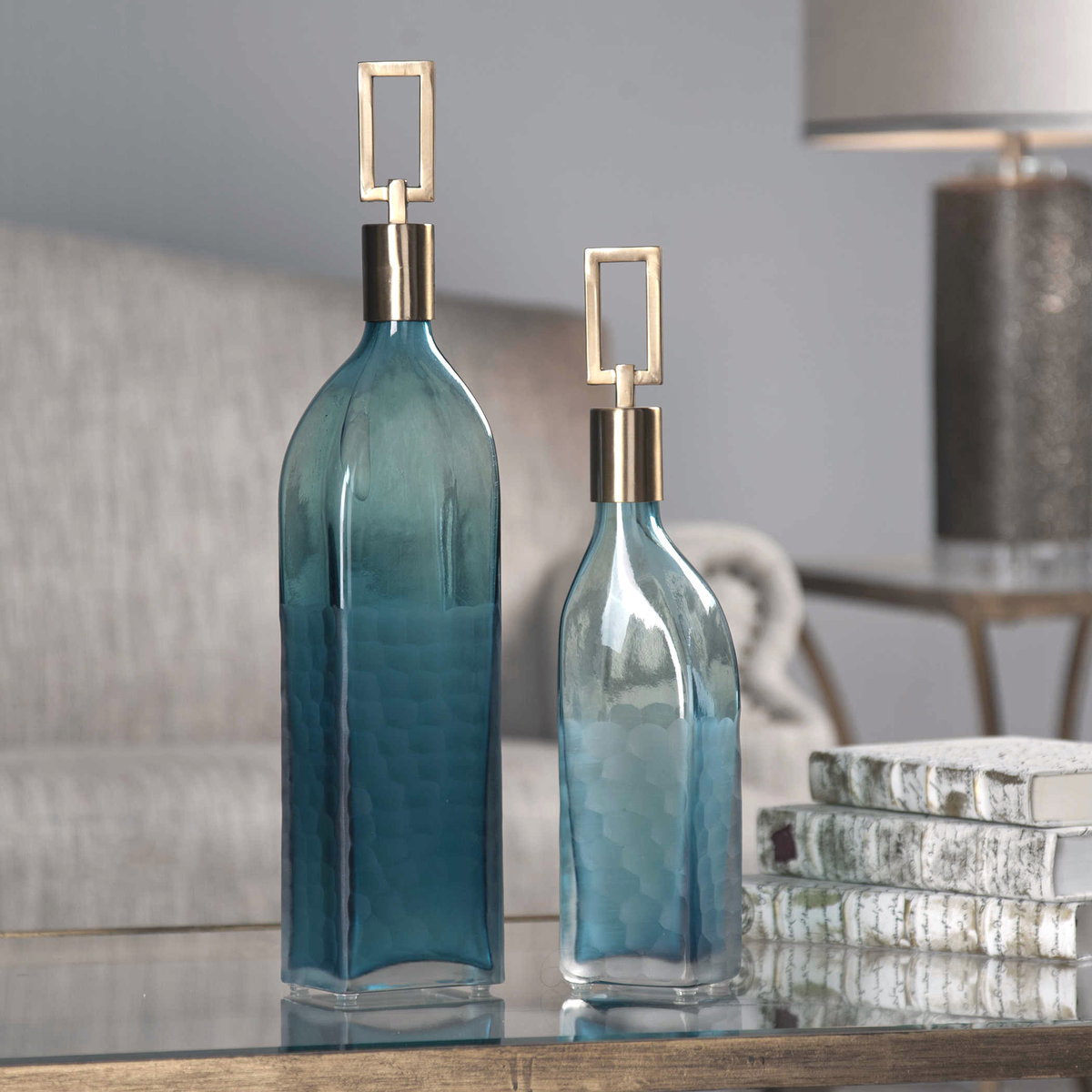 Annabella Teal Glass Bottles Set/2, Vase by Uttermost, 3.87" width x 19" height x 2.75" depth View 2