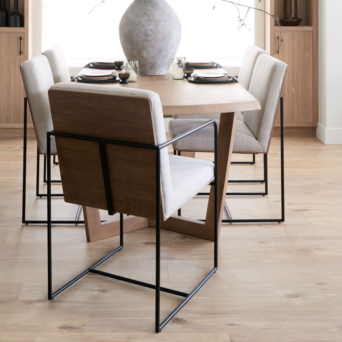 Stamford High-Back Dining Side Chair | Beige Linen with Black Metal, Dining Chair by Mercana, 25" length x 20.5" width x 36" height View 2