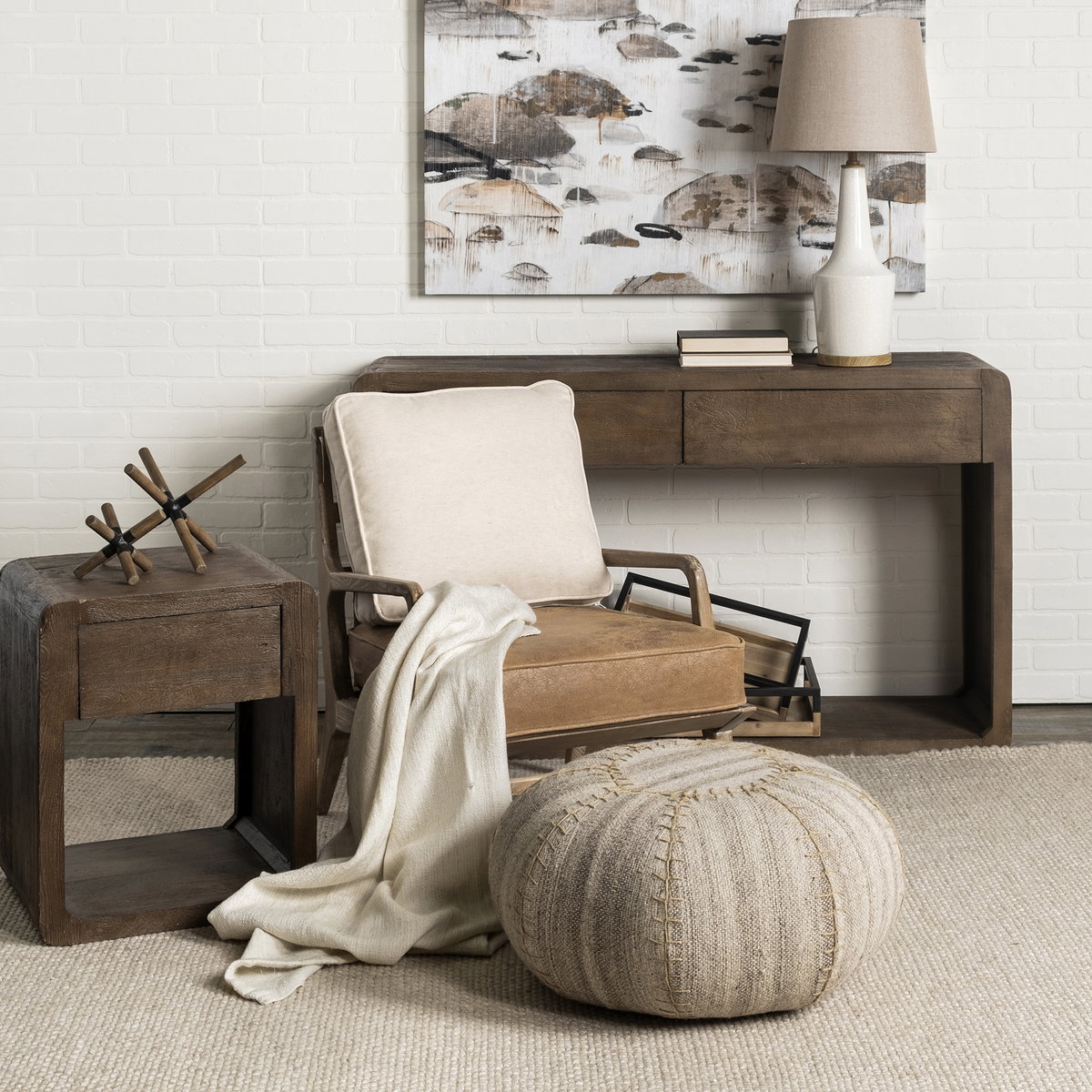 Harman II Cream Fabric and Brown Leather Seat Accent Chair, by Mercana, 31.89" length x 24.02" width x 30" height View 2