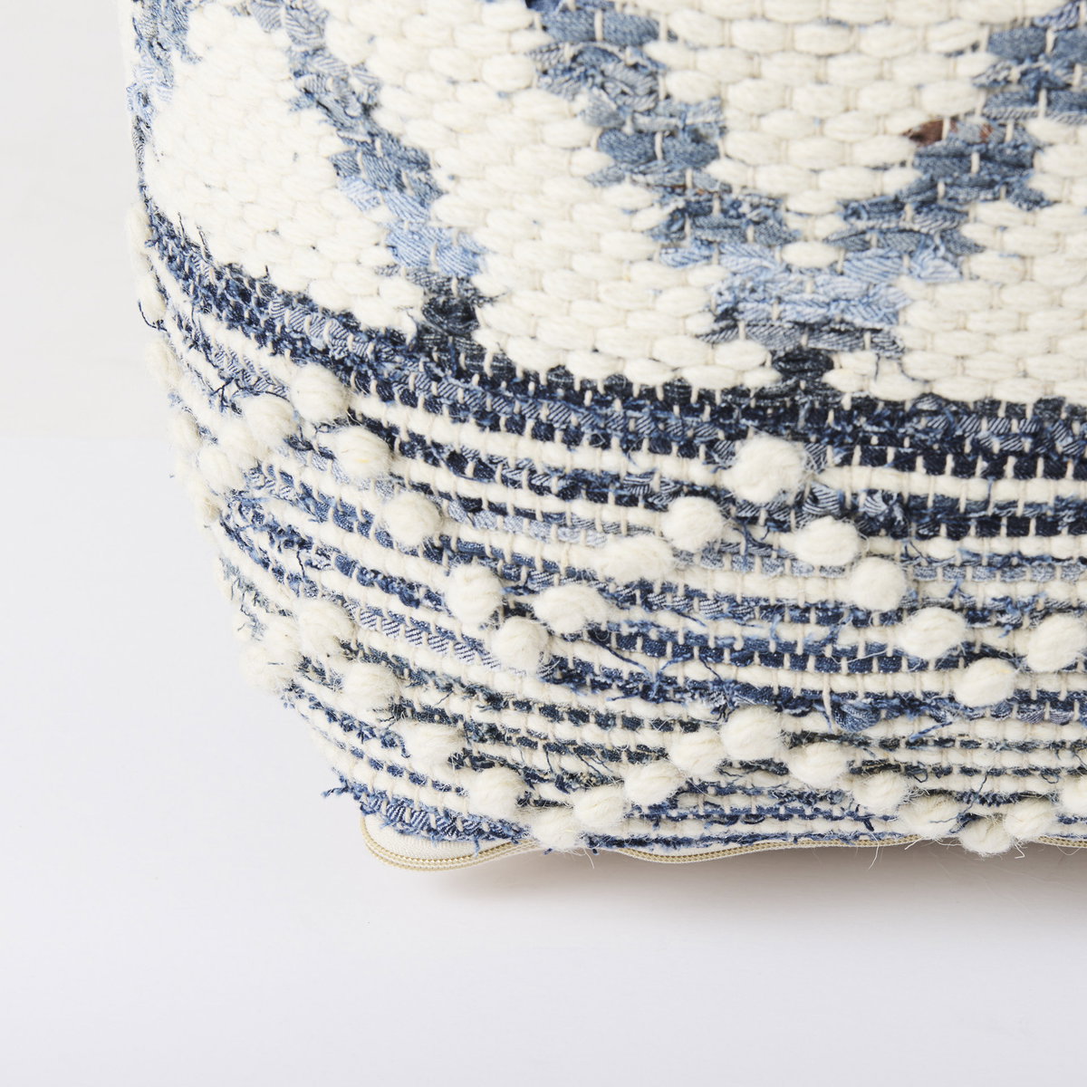 Eshana  Cream Wool and Denim Patterned Pouf, Ottoman by Mercana, 16" length x 16" width x 16" height View 8