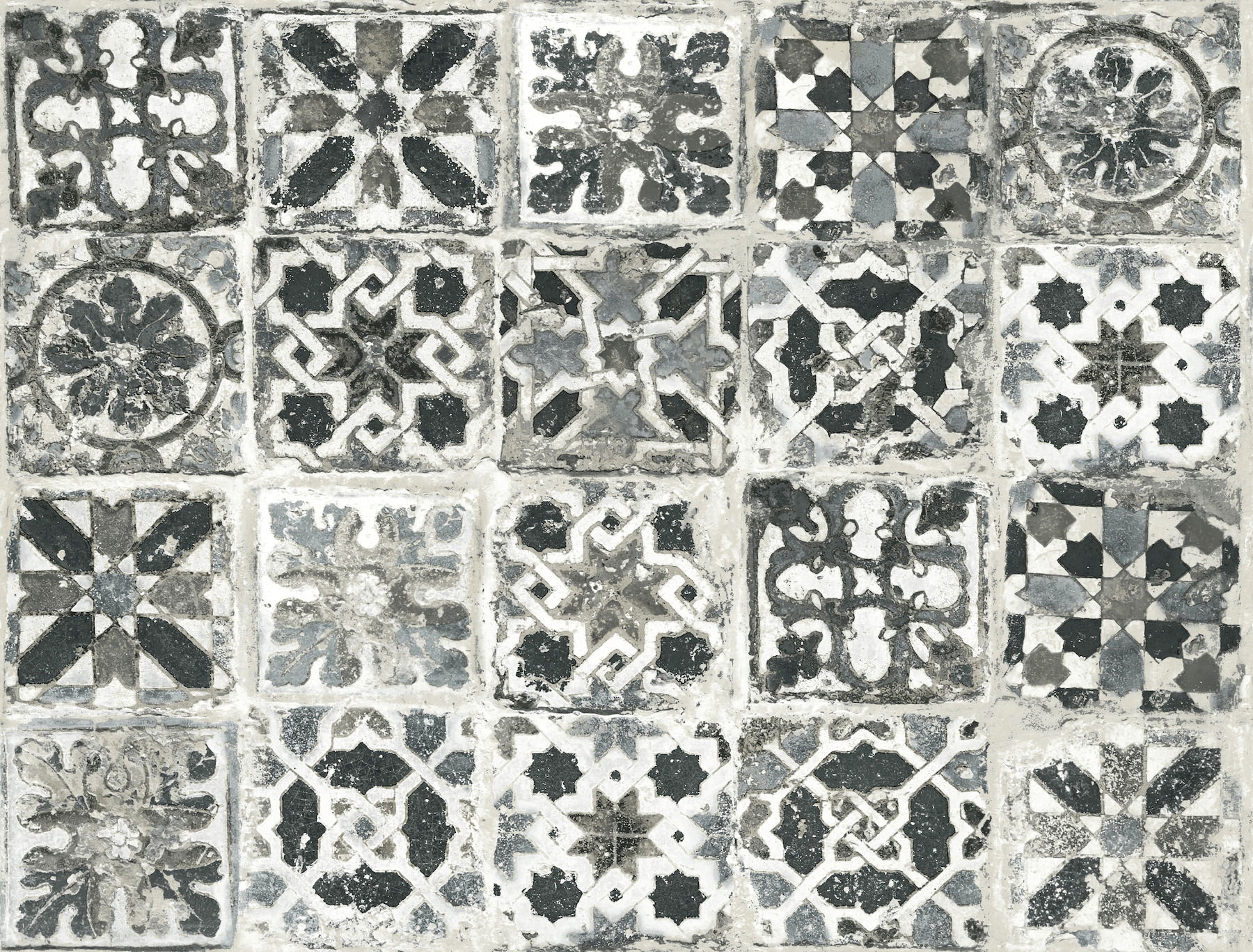 Encaustic Tile Black Peel & Stick Wallpaper large image 