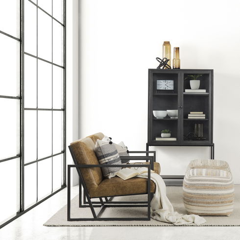 Arelius 36L x 18W x 63H Black-Brown Wood with Black Metal Base Display Cabinet