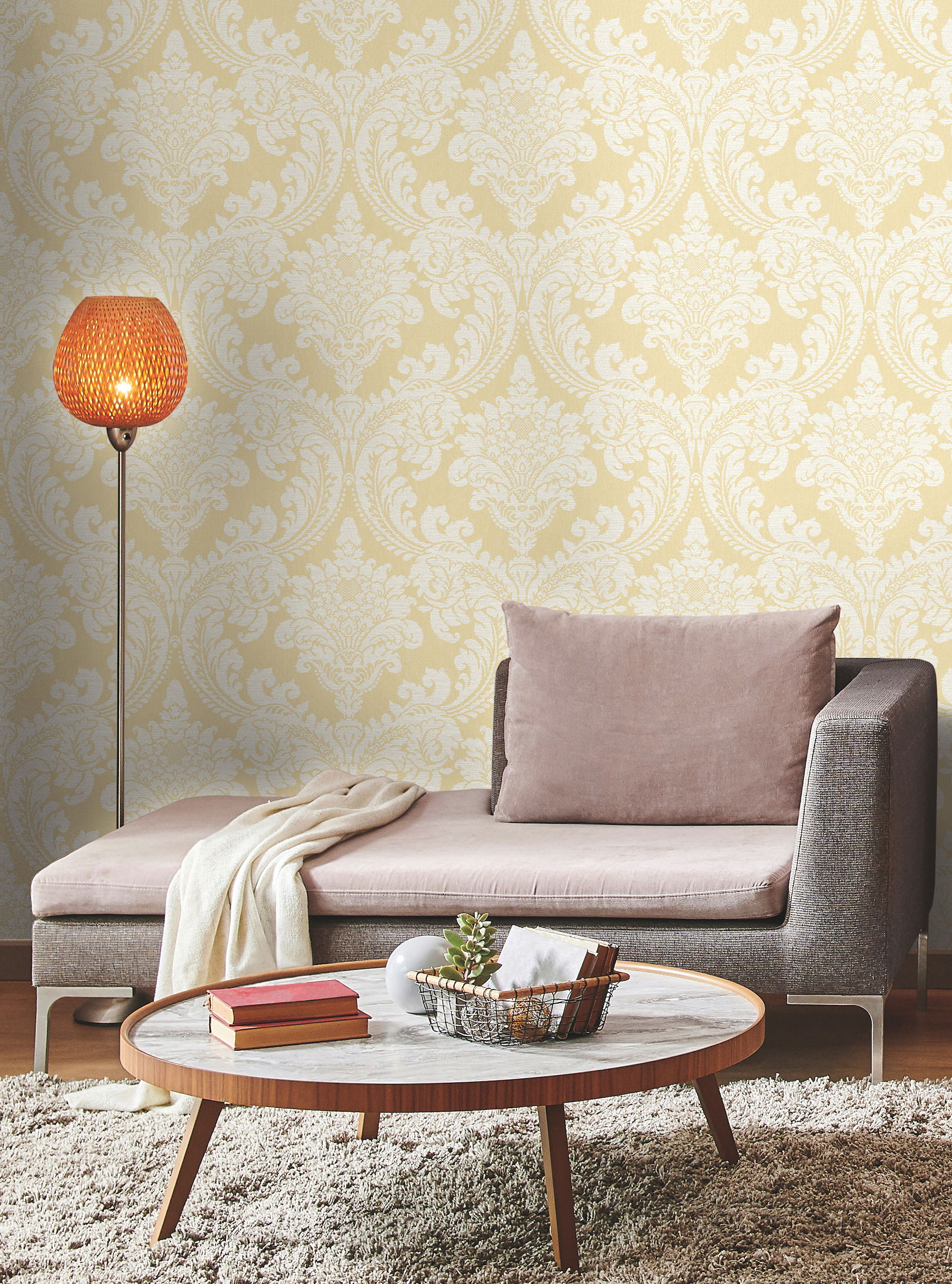 Tapestry Damask Yellow Wallpaper, by York Wall, 27' length x 2'3" width x 0.02" depth View 2