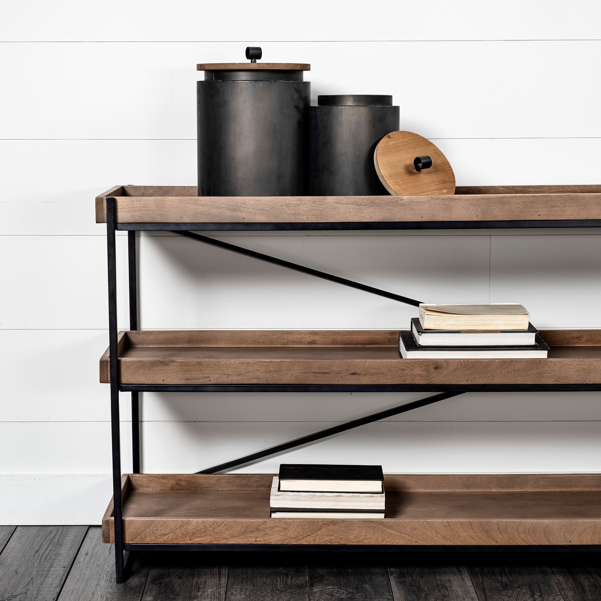 Trey I 80L x 16W Brown Wood and Black Iron Console Table large image 
