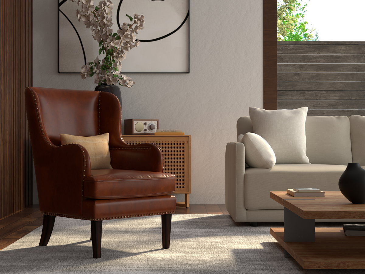 Whitney Distilled Leather Chair Brown, by Sarreid, 2'9" length x 2'2" width x 3'5" height View 14
