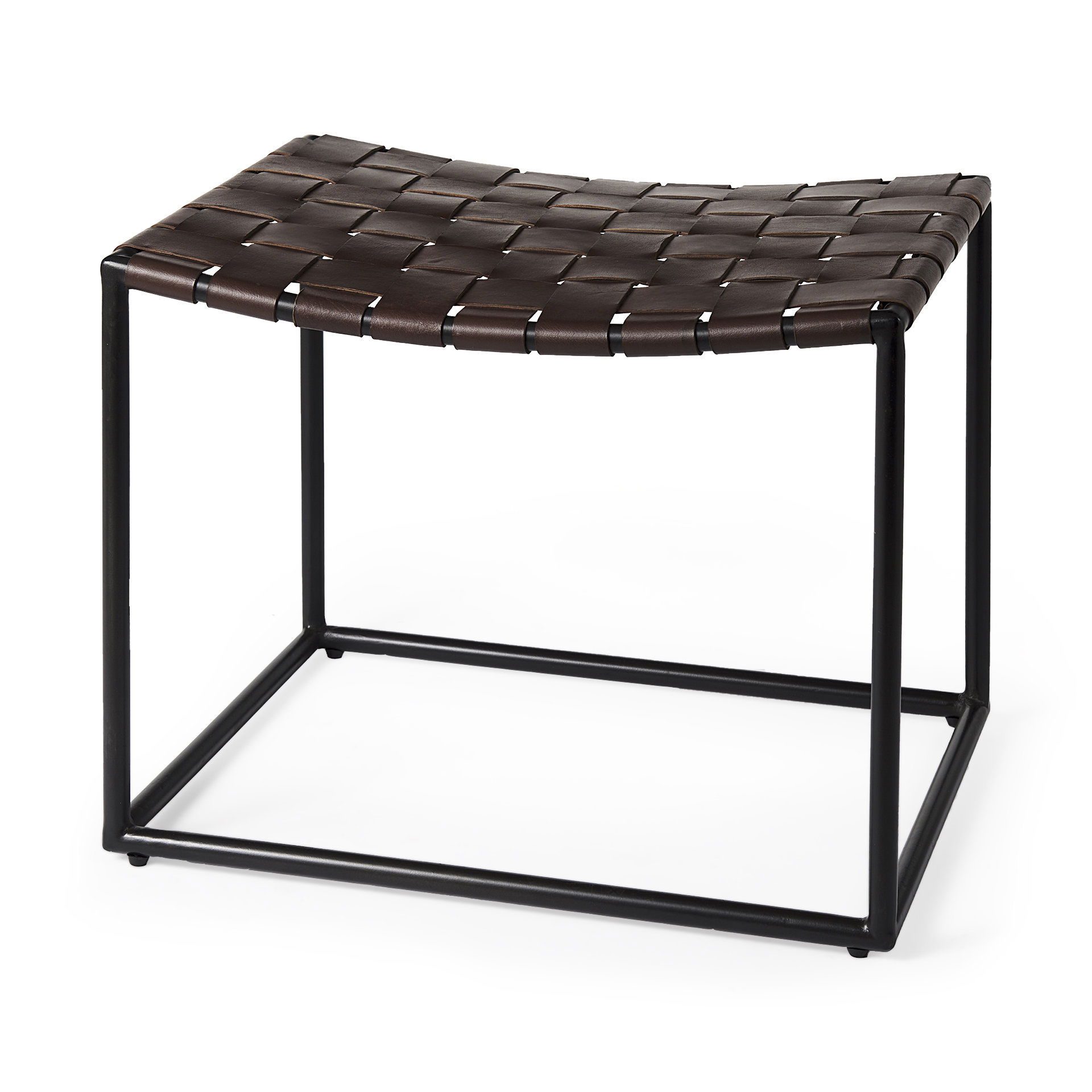 Clarissa  Brown Leather Woven Seat with Black Metal Frame Stool, Benche by Mercana, 22" length x 16" width x 16.5" height View 1