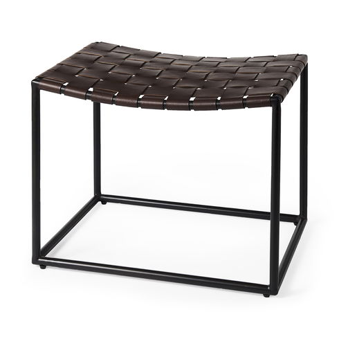 Clarissa Brown Leather Woven Seat with Black Metal Frame Stool