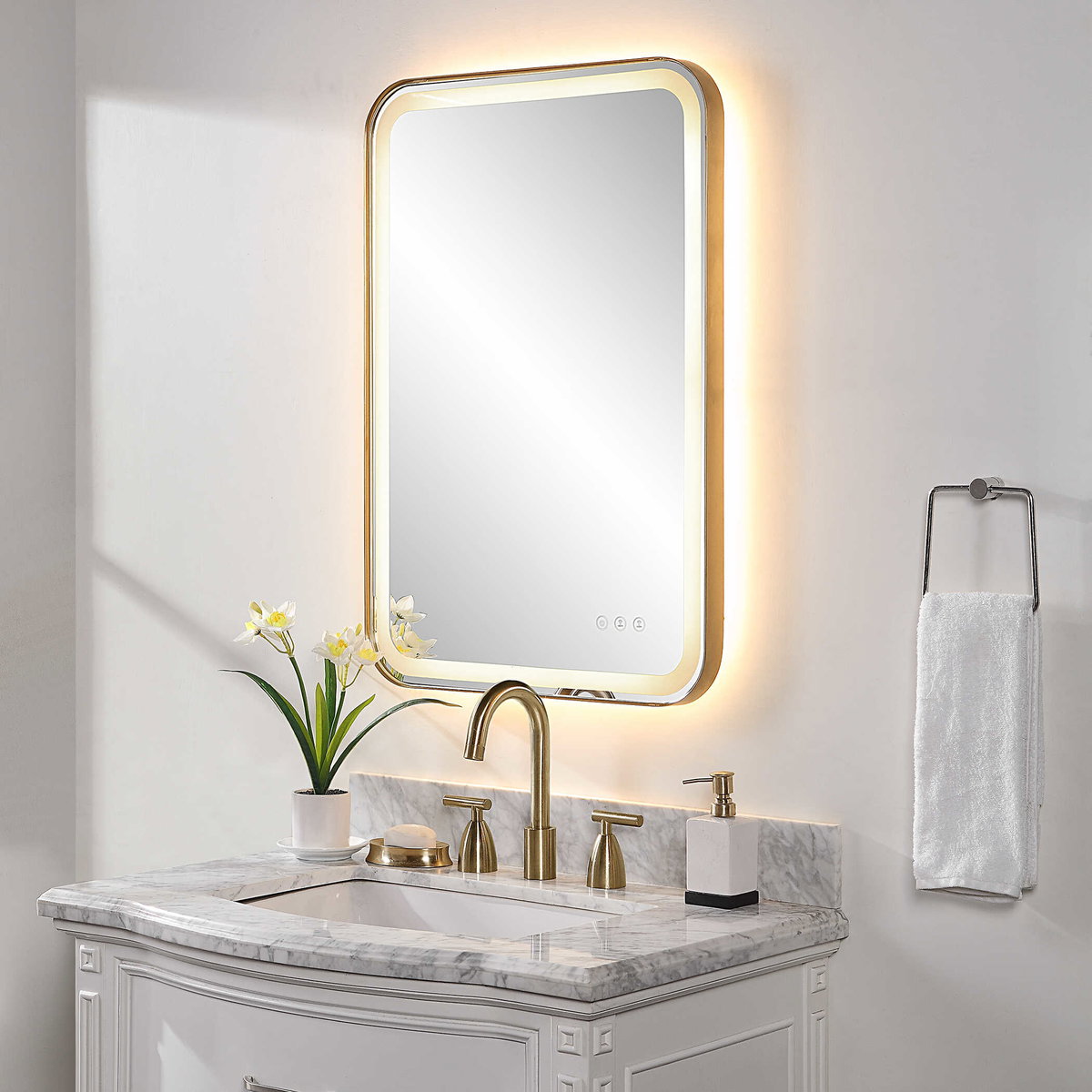 Crofton Lighted Brass Vanity Mirror, by Uttermost, 1'10.25" width x 2'8.25" height x 2.12" depth View 5