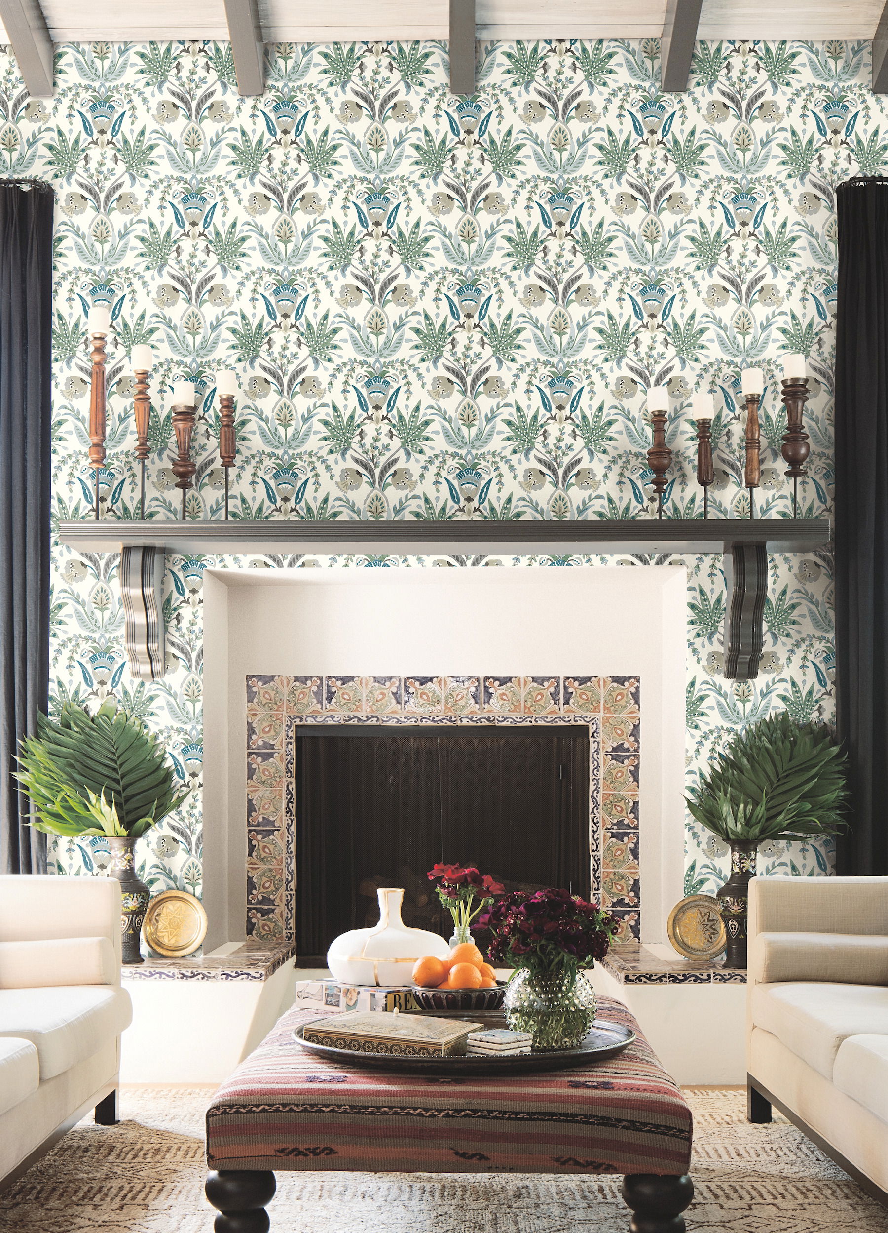Seaside Jacobean Green & Blue Wallpaper large image 