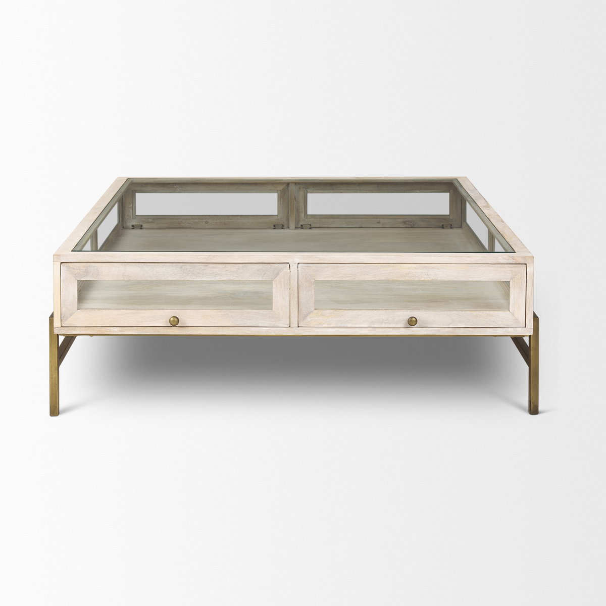 Arelius 42' Square Glass-Top White Wood with Gold Metal Base Display Coffee Table, by Mercana, 43.5" length x 42" width x 15" height View 3