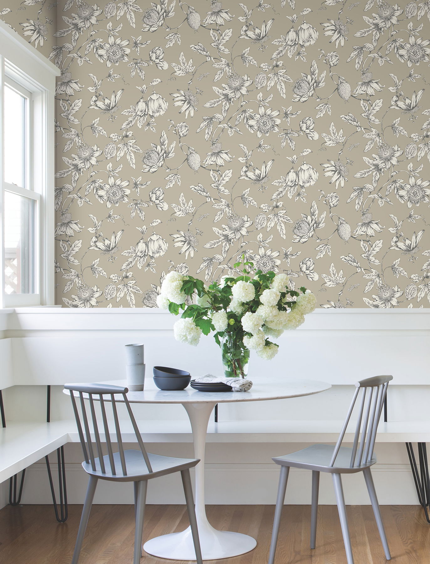 Passion Flower Toile Linen Wallpaper, by York Wall, 27' length x 2'3" width x 0.02" depth View 3