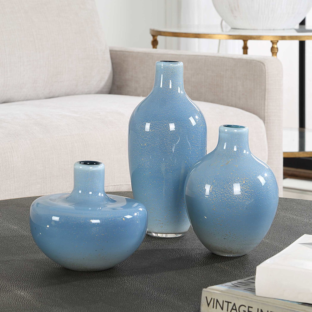 Celestial Frost Blue Vases Set/3, Decorative by Uttermost, 4.5" width x 10.25" height x 4.5" depth View 3