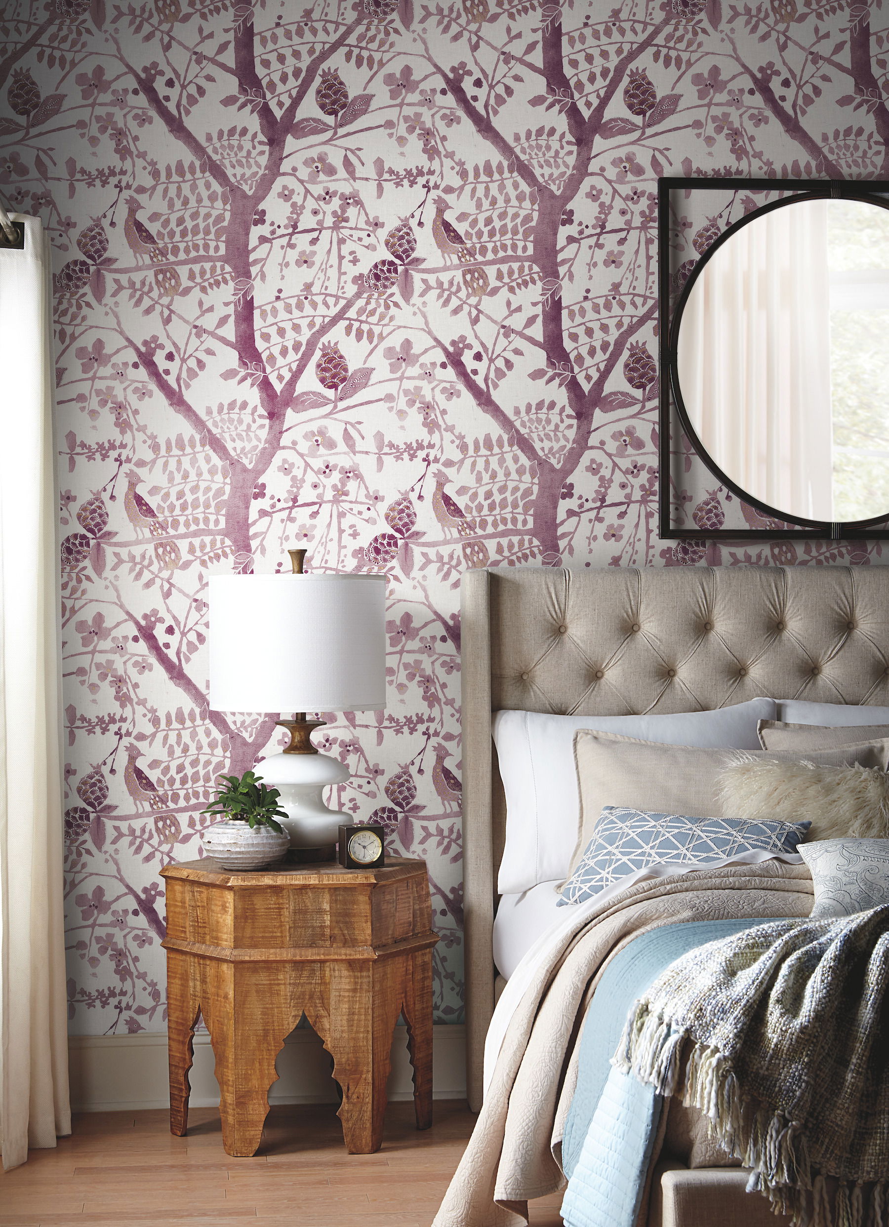 Peacock Block Print Purple Wallpaper large image 