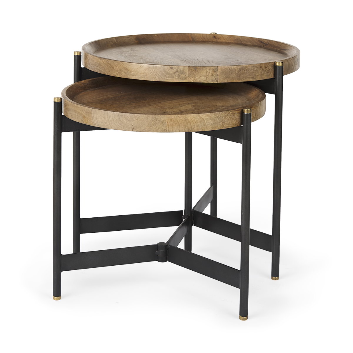 Marquisa (Set of 2)  Light Brown Wood with Black Metal Base Nesting Side Tables, Side & End Table by Mercana, 22.5" length x 22.5" width x 20.8" height View 1