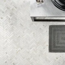 Online Designer Bathroom Alaska White 1x3" Herringbone Polished Marble Mosaic Tile