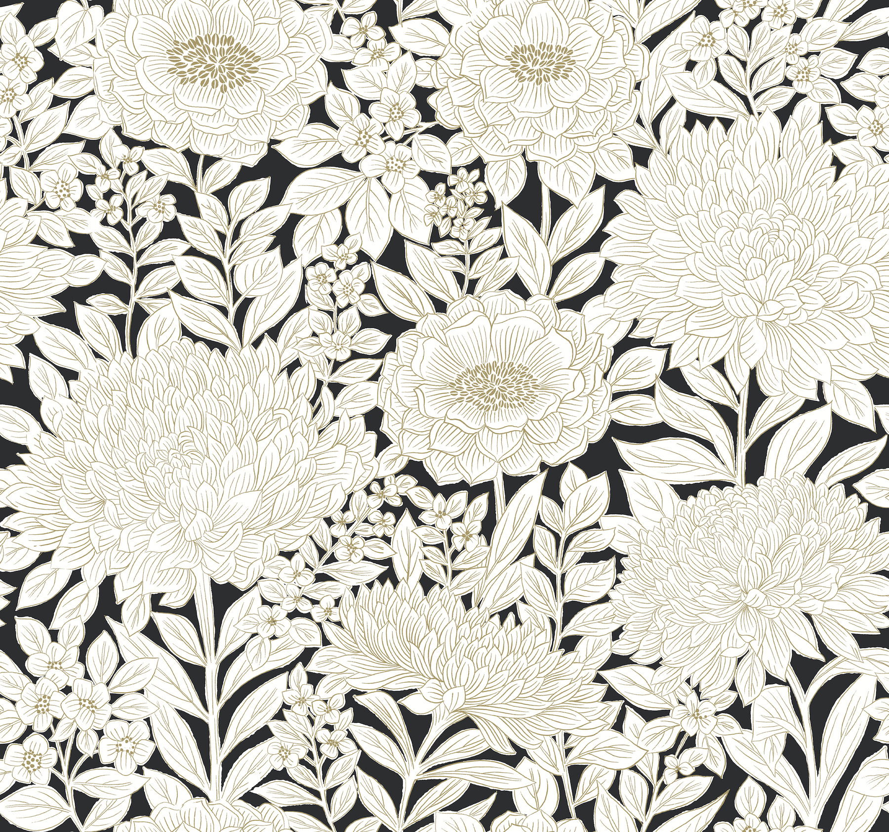 Wood Block Blooms Black & Gold Wallpaper large image 