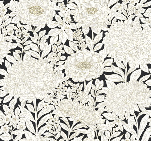 Wood Block Blooms Black & Gold Wallpaper